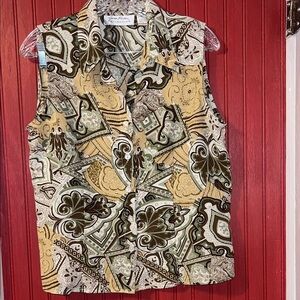 Giorgio Fiorelli Women's Patterned Button Down Shirt - Green, Brown, Cream VTG